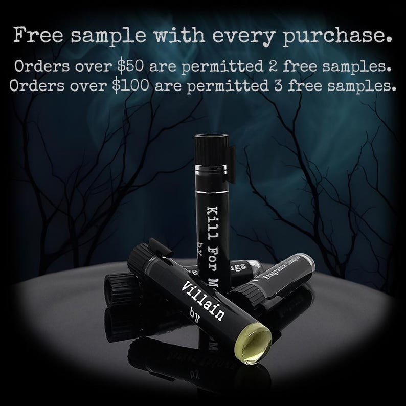May include: Small black fragrance sample vials with black caps. The labels feature white text reading 'Villain by' and 'Kill For Me'. The vials are arranged in a cluster, with one standing upright and others lying horizontally, revealing a pale yellow liquid.