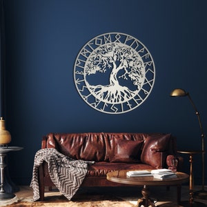 Vegvisir Metal Tree Of Life, Viking Runes, Nordic Metal Wall Art, Metal Viking Decor, Nordic Art, Viking Gift For Him, Silver Tree Wall Art