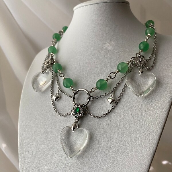 The Honeydew Choker - sterling silver green glass heart sizable necklace