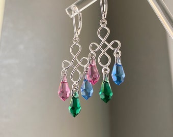 Sterling silver multicolor glass drop leverback earrings - stained glass inspired