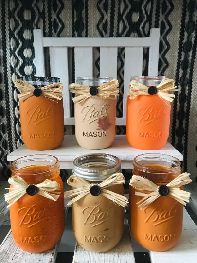 Fall themed mason jars/ hand painted/ centerpieces/ fall decoration/ rustic/ farmhouse/