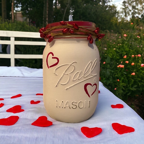Hand painted Valentine theme Mason Jars