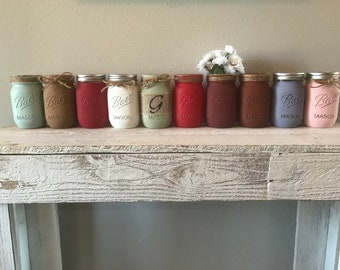 Hand Painted mason jars/ Distressed/ antique/ Rustic/ Flower vases/ Small gifts/ home decorations/ table centerpieces