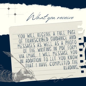 May include: A handwritten note on lined paper with the text "What you receive" at the top. The note says "You will receive a full page of transcribed guidance and messages as well as a photo of the writing in PDF form via email. I will message you in addition to let you know that I have completed the reading."