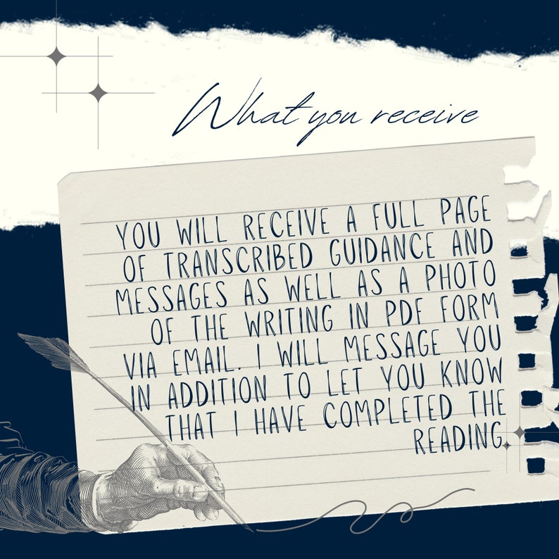 May include: A handwritten note on lined paper with the text "What you receive" at the top. The note says "You will receive a full page of transcribed guidance and messages as well as a photo of the writing in PDF form via email. I will message you in addition to let you know that I have completed the reading."
