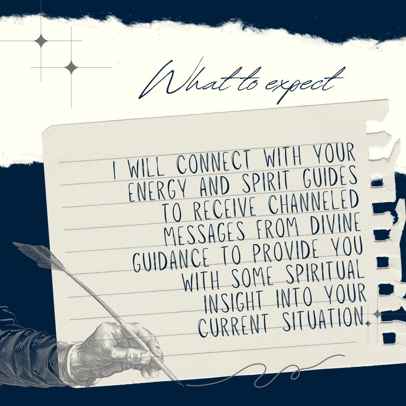May include: A handwritten note on lined paper with a quote about connecting with energy and spirit guides to receive channeled messages from divine guidance. The note is written in black ink with a quill pen and is surrounded by a blue background with stars.