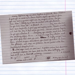 May include: Handwritten notes on lined paper with a blue butterfly graphic and the text "A question suchas this desences a beautiful response: We have sent her the blue butterfly, we have sent her a moment on energy... a moment... a moment."  The notes also include the text "EE... a dream and a mist."