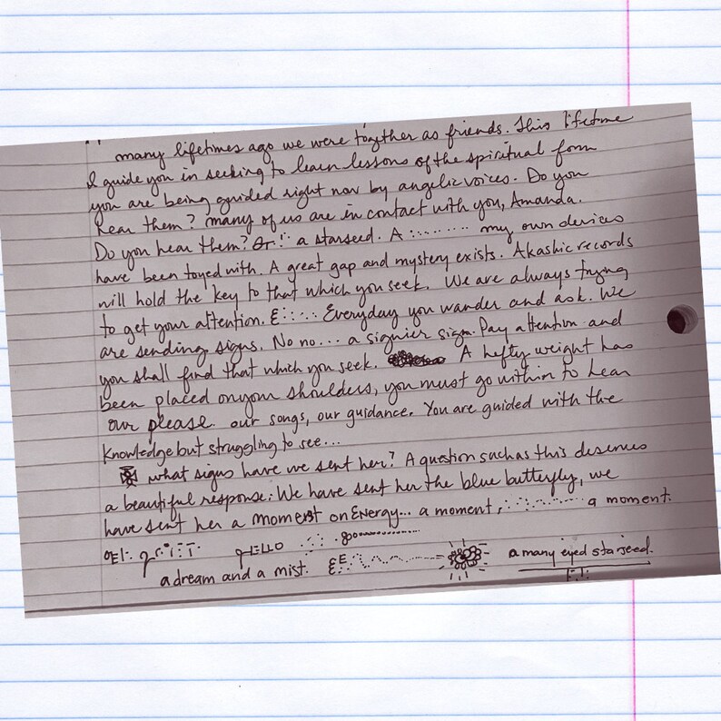 May include: Handwritten notes on lined paper with a blue butterfly graphic and the text "A question suchas this desences a beautiful response: We have sent her the blue butterfly, we have sent her a moment on energy... a moment... a moment."  The notes also include the text "EE... a dream and a mist."