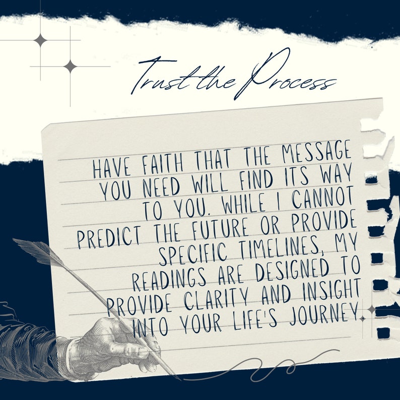 May include: A handwritten note on lined paper with the text "Trust the Process" at the top. The note reads "Have faith that the message you need will find its way to you. While I cannot predict the future or provide specific timelines, my readings are designed to provide clarity and insight into your life's journey."