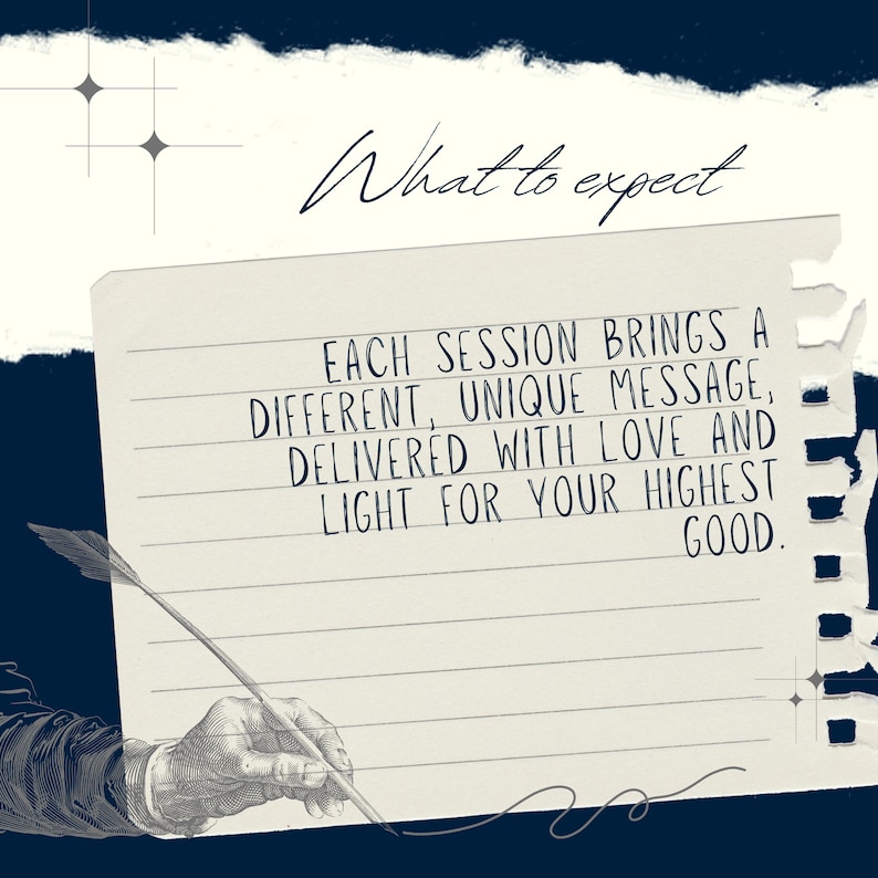 May include: A handwritten note on lined paper with a quote about what to expect from each session. The quote reads: "EACH SESSION BRINGS A DIFFERENT, UNIQUE MESSAGE, DELIVERED WITH LOVE AND LIGHT FOR YOUR HIGHEST GOOD."