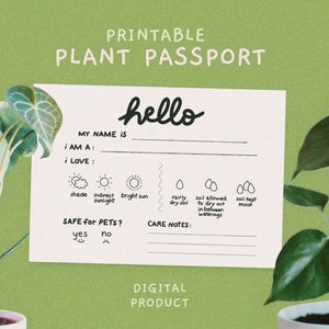 Afdrukbaar plantenpaspoort, informatiekaart voor plantenverzorging, cadeau voor tuinier, kantoorbenodigdheden voor plantenwinkels