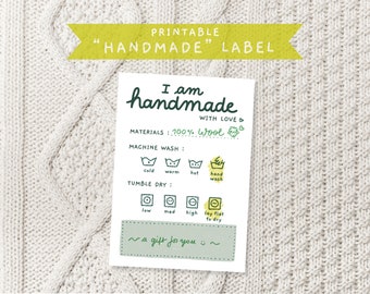 Printable "I am handmade with love" care cards, fillable tags for crafters, gifts in crochet, knitting, sewing, embroidery