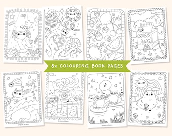 8x COLORING BOOK SHEETS, printable hand drawn illustrations, for adults and kids, cute and cosy hygge activity bundle, coloring book