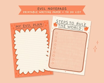 EVIL STATIONERY Printable notepad and to-do list, my evil plan + steps to rule the world diy note paper