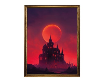 Haunted Spooky Castle Fantasy Artwork - Printable Fantasy Halloween Wall Art - Red Moon Wall Art - Dark Academia Castle Wall Art Print