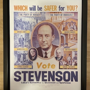 Póster enmarcado de campaña presidencial, adlai stevenson, demócrata, 1952