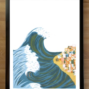 May include: A framed print of a blue and white wave crashing over a yellow and orange background with text in a variety of colors. The text includes the words "June" and "July".