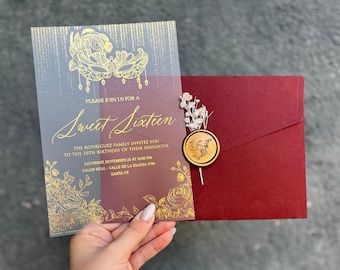 Gold Gilded Masquerade Sweet 16 Invitation: Burgundy Envelope, Custom Acrylic Quinceañera Invitation