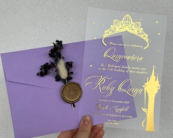 Rapunzel Invitation Card, Rapunzel Themed Invitation Card, Acrylic Quinceanera Invitation, Gold Gilding, Lilac Envelope, Rapunzel Crown