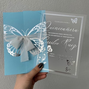Baby Blue Invitation Card, Acrylic Quinceañera Invitation,Butterfly Invitation, Folding Jacket Invitation Card, Large Butterfly Design