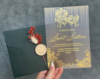 Gold Gilded Acrylic Masquerade Sweet 16 Invitation: Emerald Envelope