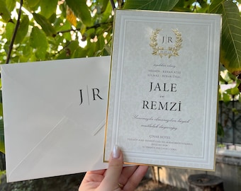 Gold Framed Wedding Invitation: Ivory Monogrammed Design
