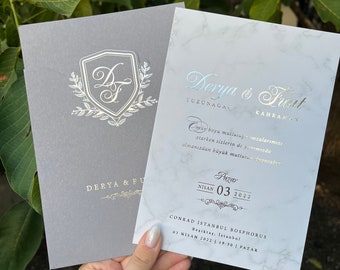 Silver Foil Wedding Invitation: Gray Marble Card with Monogram