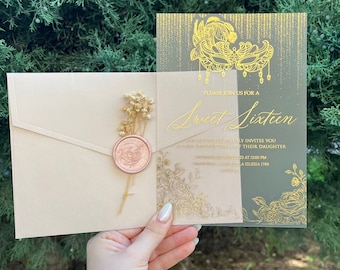 Masquerade Sweet 16 Invitation: Blush Pink Envelope, Gold Gilded, Custom Acrylic Quinceañera Invitation