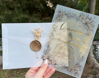 3D Quinceañera Invitation Made of Frosted Paper Coated with Acrylic, Rose Frame, Princess Dress,Gold Gilded, Frosted Envelope, RSVP Card