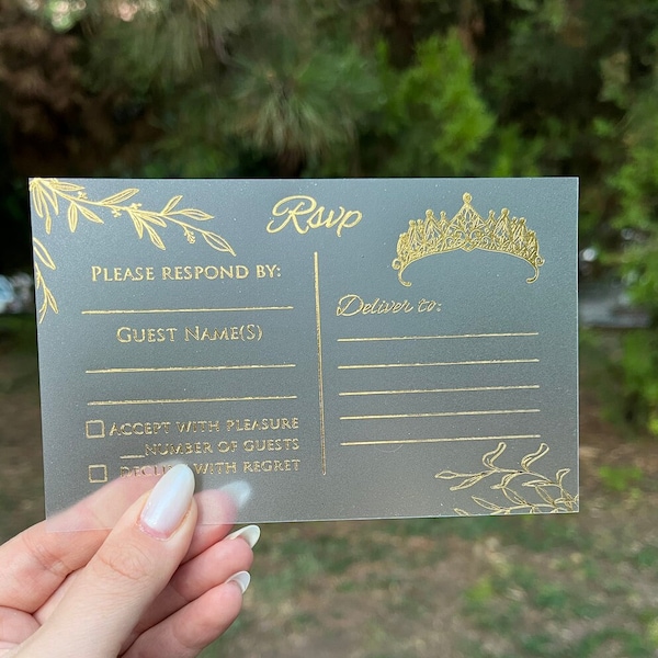 Flower Frame Detailed Rsvp Card, Quinceañera RSVP Card, Crowned Quinceañera Rsvp Card, Acrylic Rsvp Card, Rose Gold, Gold Foil, Silver Foil