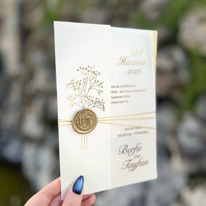 Folded Cream and Gold Wedding Invitation, Unique Ivory Invitation,Gold Frame, Gold Tree Pattern Invitation Card, Frosted Acrylic, Minimalist