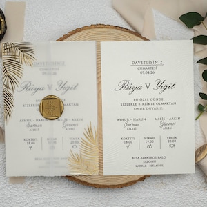 Vellum Invitation Card, Vellum Wedding Invitation Set, Gold Glitter Leaf Pattern Design, Personalized Seal, Gold Stamping, Minimalist Design