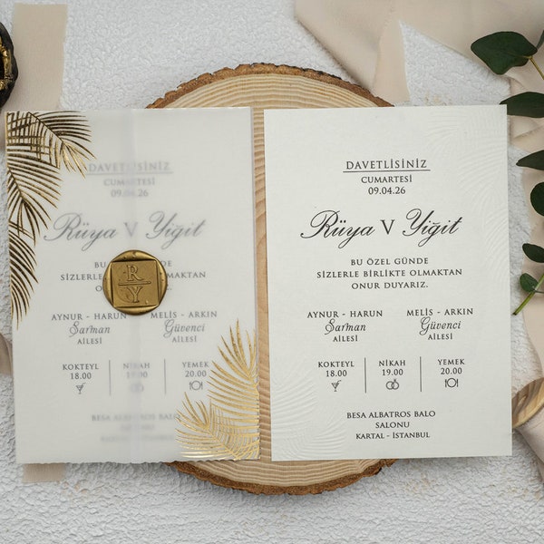 Vellum Invitation Card, Vellum Wedding Invitation Set, Gold Glitter Leaf Pattern Design, Personalized Seal, Gold Stamping, Minimalist Design