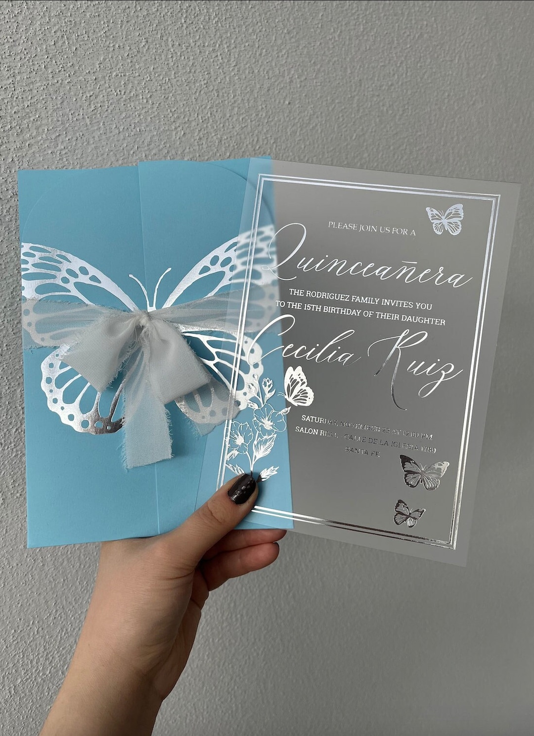 Baby Blue Invitation Card, Acrylic Quinceañera Invitation,butterfly