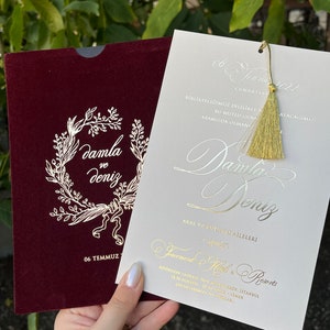 Burgundy Velvet Invitation Card, Luxury Burgundy Invitation Card, Stylish Design with Tassel Detail, Gold Gilding