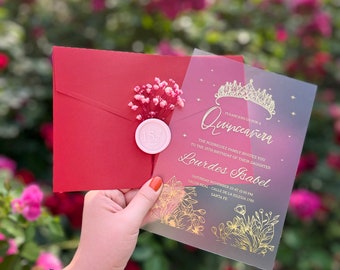 Acrylic Quinceanera Invitation, Paper Invitation, Crowned Quinceañera Invite, Modern Sweet 16 Invitation, Red Envelope, Gold Gilded