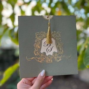 Sage Green Invitation Card, Sage Green Envelope, Gold Gilt Luxury Wedding Invitation, Gold Tassel Invitation, Windowed Invitation