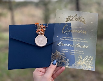 Acrylic Quinceanera Invitation, Paper Invitation, Crowned Quinceañera Invite, Modern Sweet 16 Invitation, Navy Blue Envelope, Gold Gilded