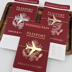 Faire-part de mariage passeport, faire-part de mariage à destination, feuille d'or, Bourgogne Bourgogne, faire-part carte d'embarquement, réservez vos dates,