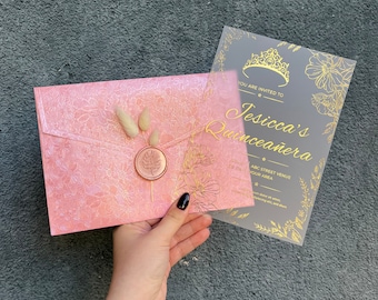 Floral Embossed Quinceañera Invitation: Pink Envelope, Gold Gilded