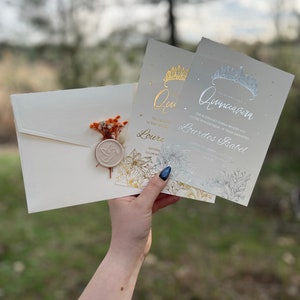 Acrylic Quinceanera Invitation, Paper Invitation, Crowned Quinceañera Invite, Modern Sweet 16 Invitation, Cream Envelope, Gold Gilded