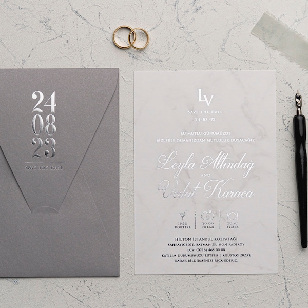 Gray Wedding Invitation,Silver Foil Invitation,Marble Patterned Cardboard,Foil Printed Invitation,  Luxury Wedding Invitation Set