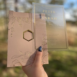 Biglietto d'invito rosa cipria, busta rosa cipria, invito oro con finestra, biglietto d'invito design foglia, acrilico incorniciato oro