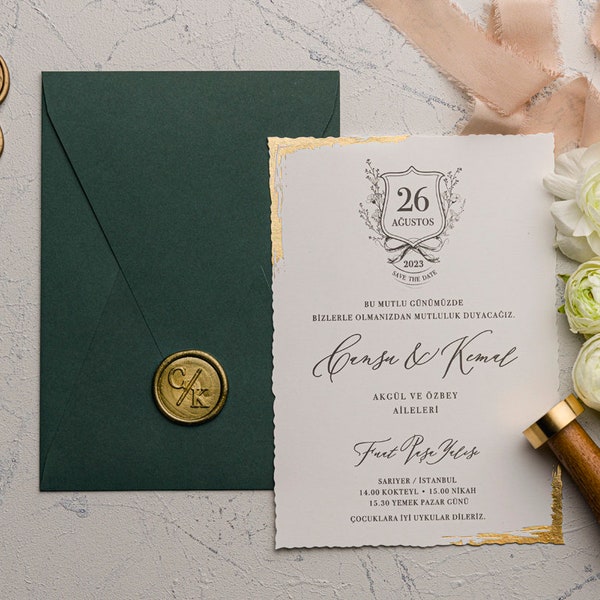 Emerald  Green Envelope and Gold Foil Wedding Invite, Real Foil Border, Custom Wax Sealed Invitation, Minimalist Wedding Invitation,