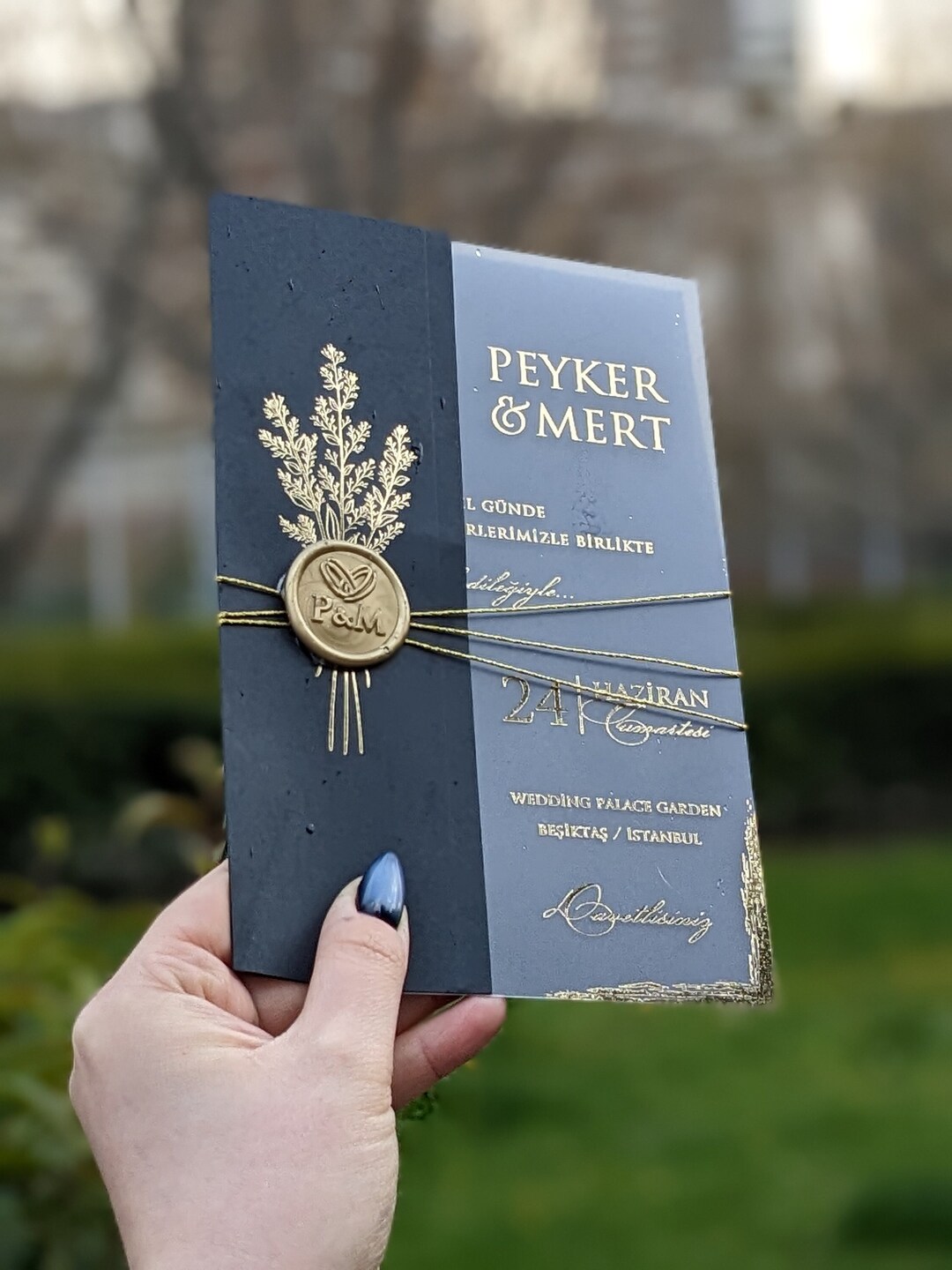 Folded Black and Gold Wedding Invitation Card, Gold Frame, Gold Tree