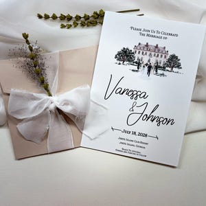 Invitación de boda sencilla y elegante con diseño de acuarela personalizable, invitación de boda personalizada con pintura del lugar en acuarela,