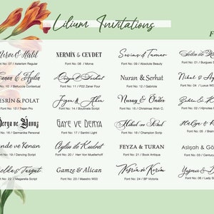May include: A green and white background with a floral design. The image features a list of names in different fonts, with the font number and name listed below each name. The text "Lilium Invitations" is at the top of the image, and the text "FONT" is at the top right of the image.
