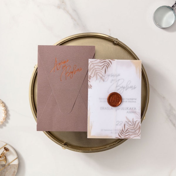 Vellum Wedding Invitation with Gold Foil,  Minimalist Floral Invitation Suite, Gold Frame Invitation Card, Custom Wax Seal