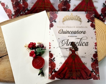 May include: A Quinceañera invitation with a gold crown, red roses, and a gold script font. The invitation says "Tenemos el honor de invitarlos a la Quinceañera de nuestra hija Angelica" and "SATURDAY 5:00PM".