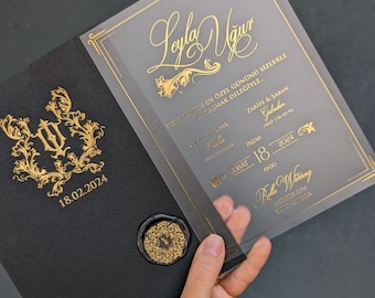 Biglietto d'invito di lusso, Dettagli in oro con busta nera, Doratura in oro, Biglietto d'invito in acrilico, Sigillo con dettagli in oro, Design monogramma